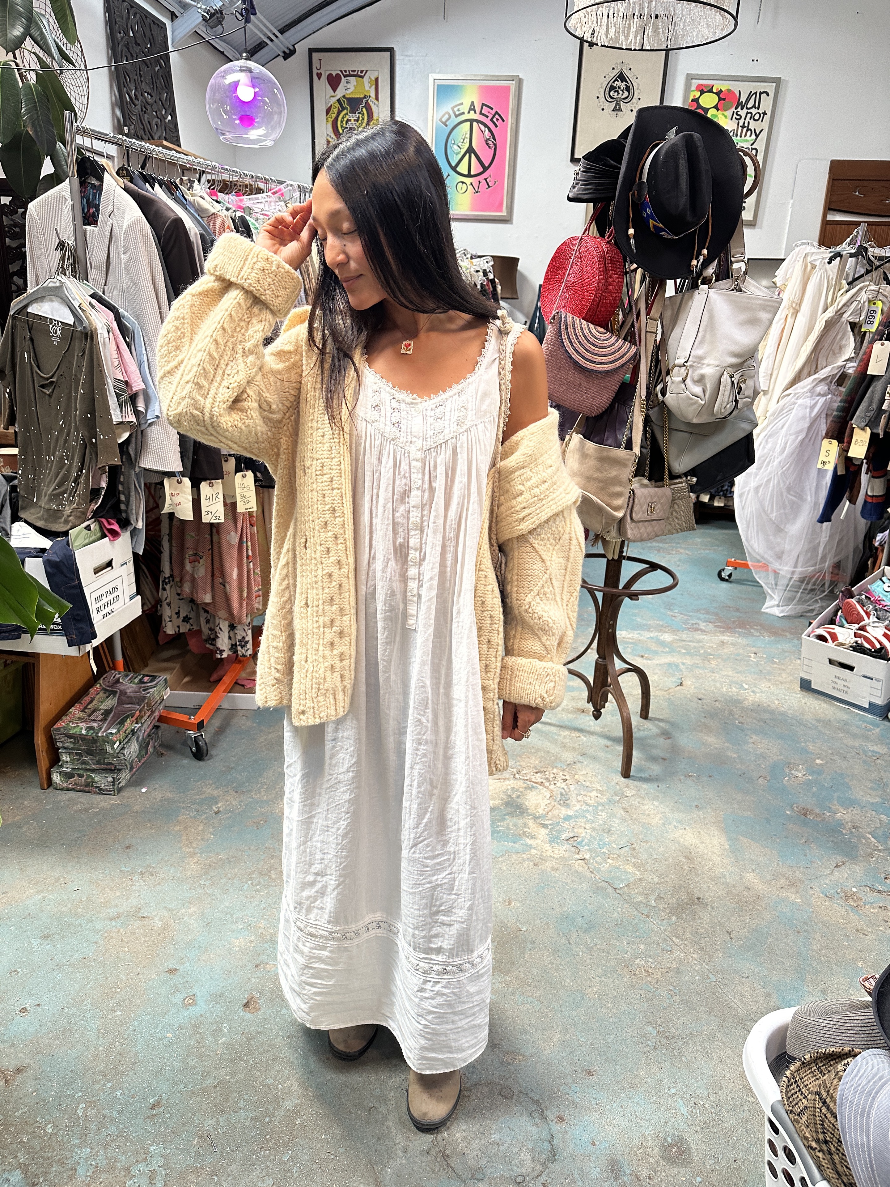 Knit cardigan and white dress
